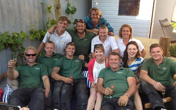 group-shot at the end of the coastal garden make over on Love Your Garden for the new series 4 episode 5 with David Domoney, Frances Tophill, Katie Rushworth, Cool Canvas and Frosts Landscapes