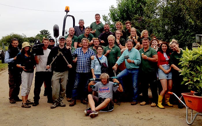 ITV Love Your Garden group photo, including Alan Titchmarsh, David Domoney, Katie Rushworth and Frances Tophill, plus Frosts Landscapers, film crew and Spun Gold production team