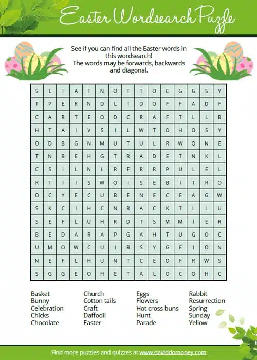 Easter Wordsearch Puzzle for Children (and Adults). Find all the Easter words in a printable wordsearch