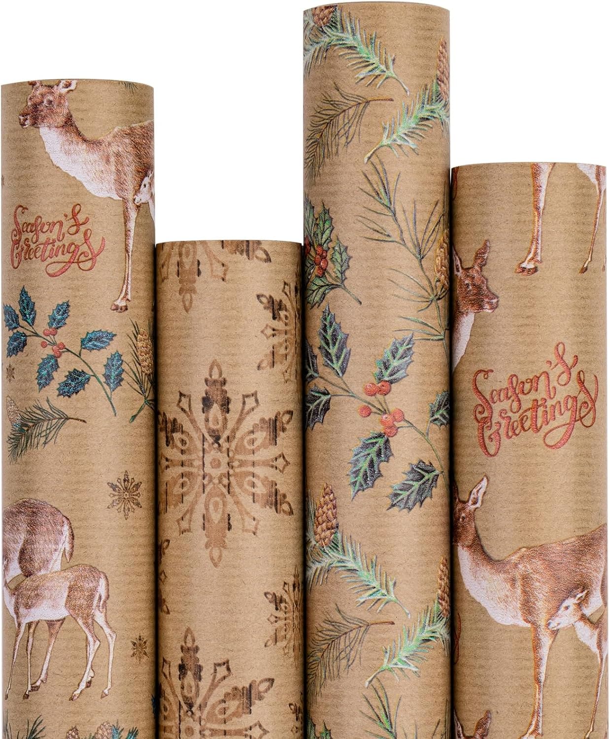 RUSPEPA Christmas Wrapping Paper - Kraft Christmas Landscape Design - 4  Rolls - 43.5x305 cm Per Roll - David Domoney