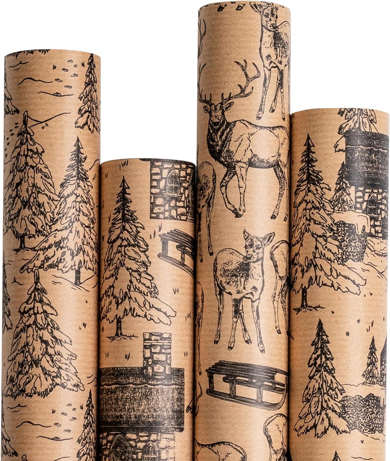 RUSPEPA Christmas Wrapping Paper - Kraft Christmas Landscape Design - 4  Rolls - 43.5x305 cm Per Roll - David Domoney