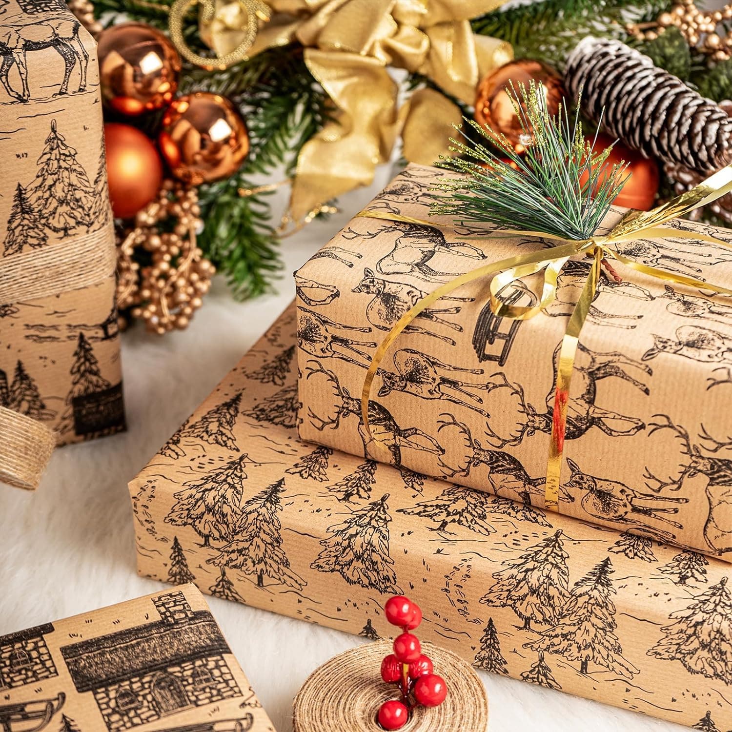 RUSPEPA Christmas Wrapping paper - Brown Kraft Paper with Red and
